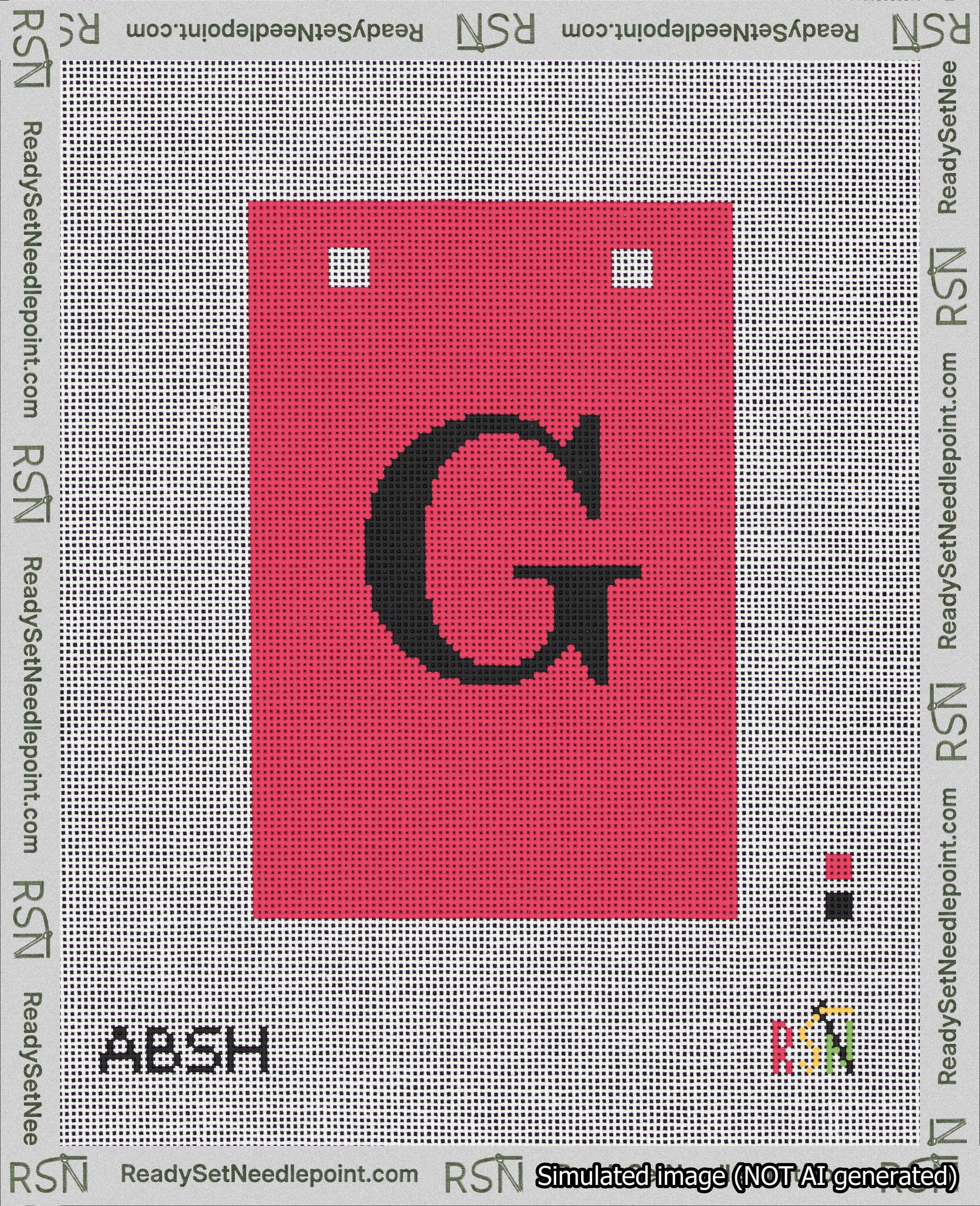 A taped needlepoint canvas with the design: Banner 18 mesh count Squared G Black on Red.