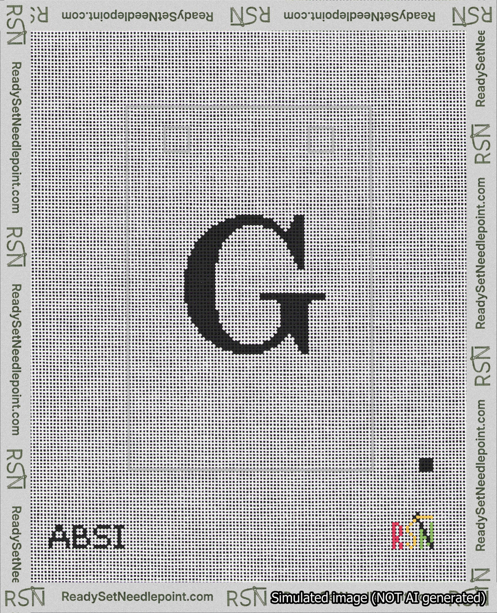 A taped needlepoint canvas with the design: Banner 18 mesh count Squared G Black on White.