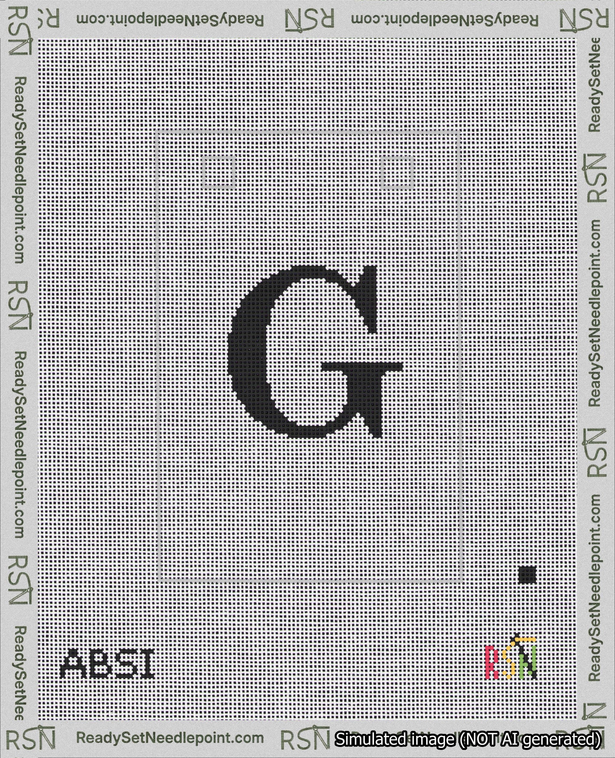 A taped needlepoint canvas with the design: Banner 18 mesh count Squared G Black on White.