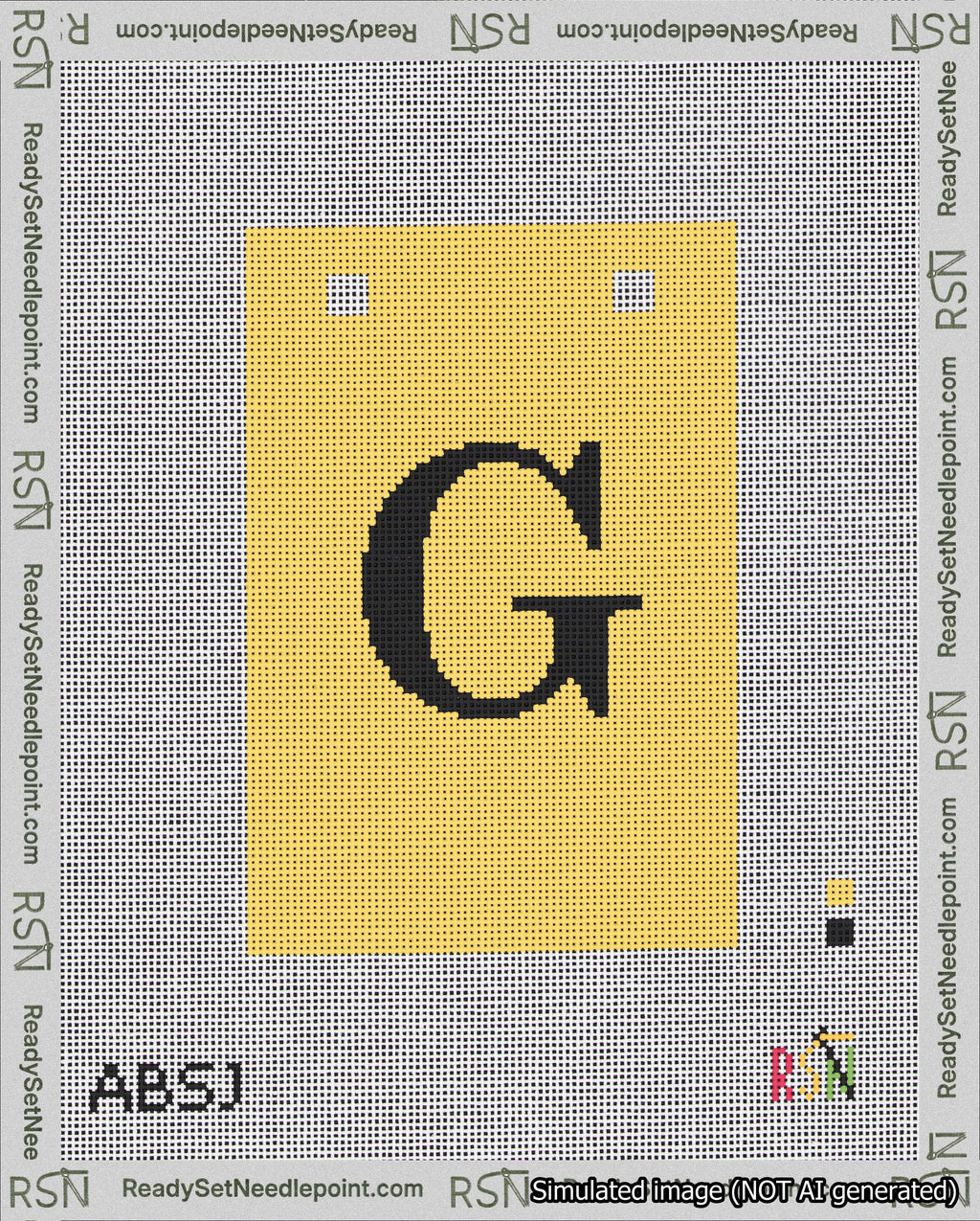 A taped needlepoint canvas with the design: Banner 18 mesh count Squared G Black on Yellow.