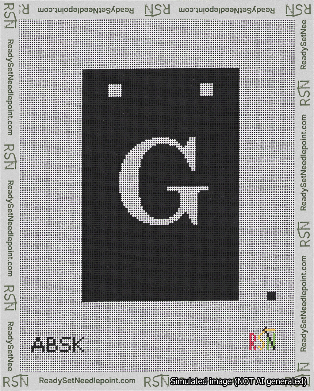 A taped needlepoint canvas with the design: Banner 18 mesh count Squared G White on Black.