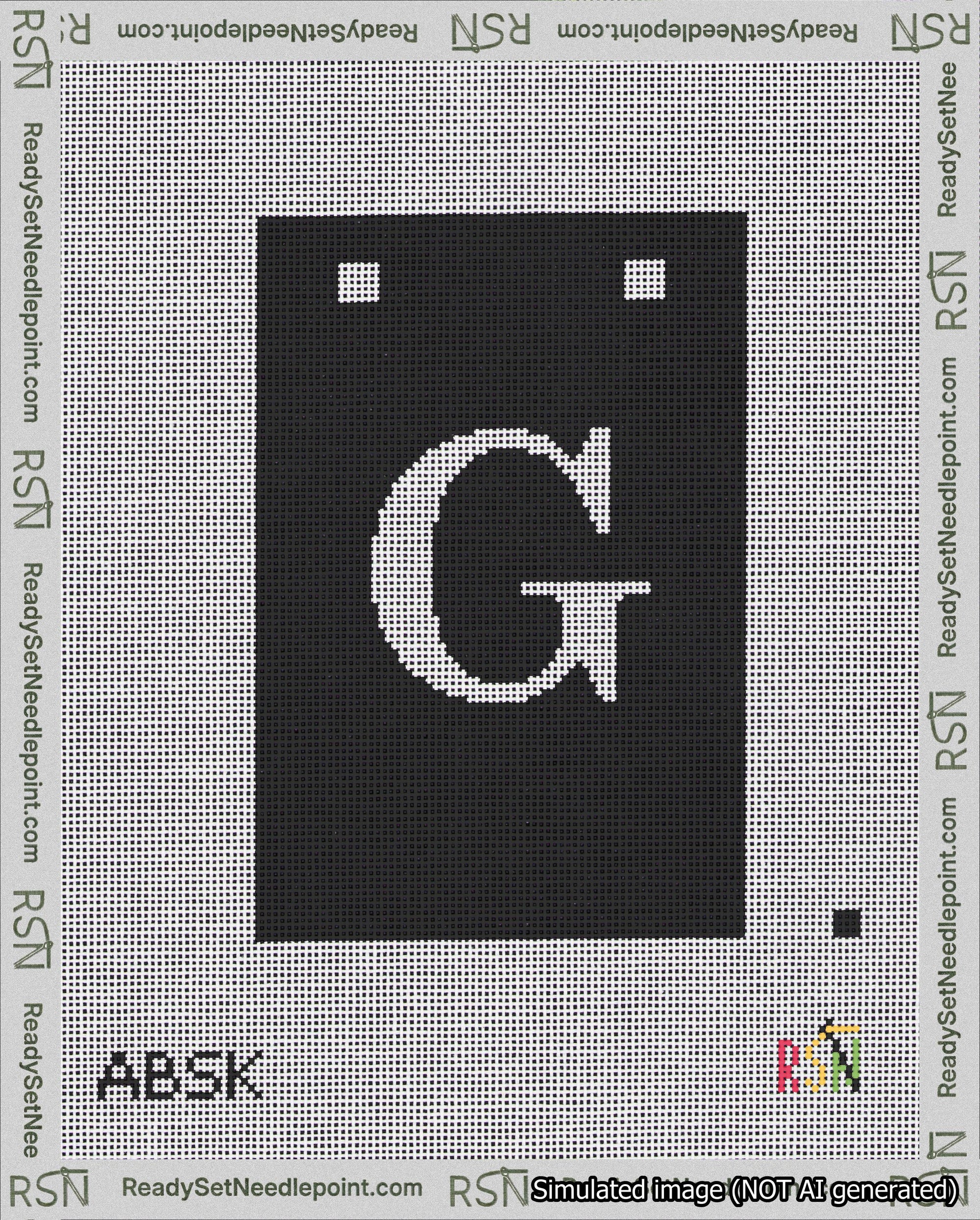 A taped needlepoint canvas with the design: Banner 18 mesh count Squared G White on Black.