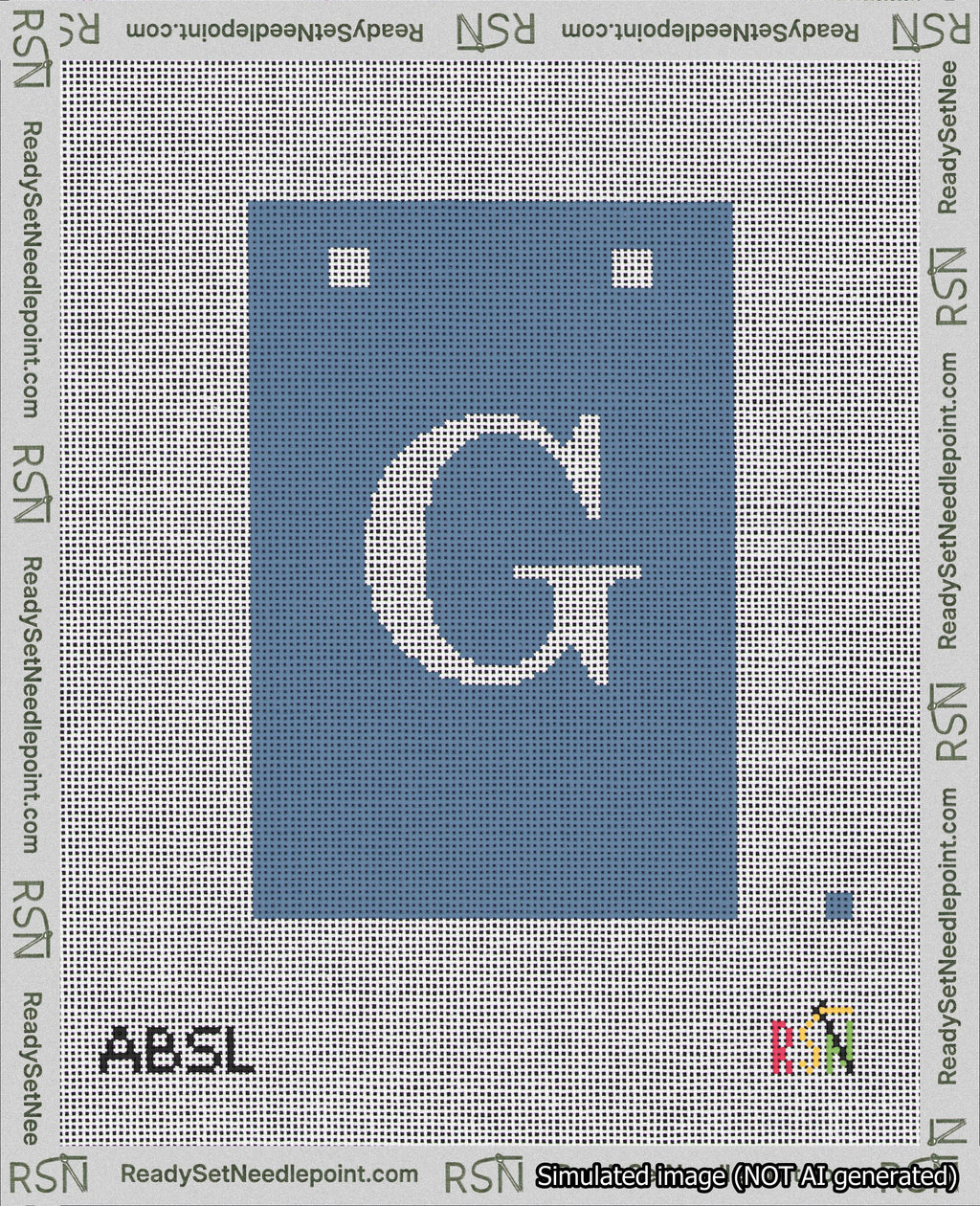 A taped needlepoint canvas with the design: Banner 18 mesh count Squared G White on Blue.