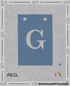A taped needlepoint canvas with the design: Banner 18 mesh count Squared G White on Blue.