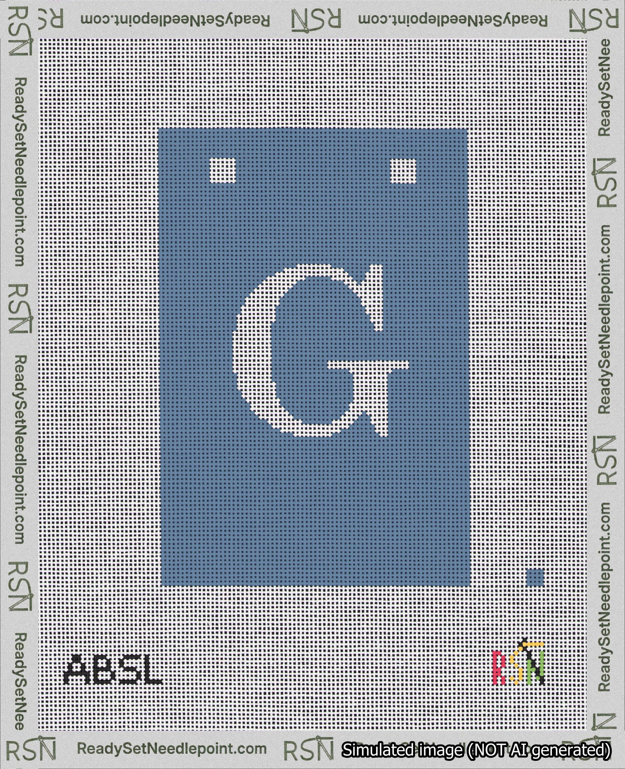 A taped needlepoint canvas with the design: Banner 18 mesh count Squared G White on Blue.