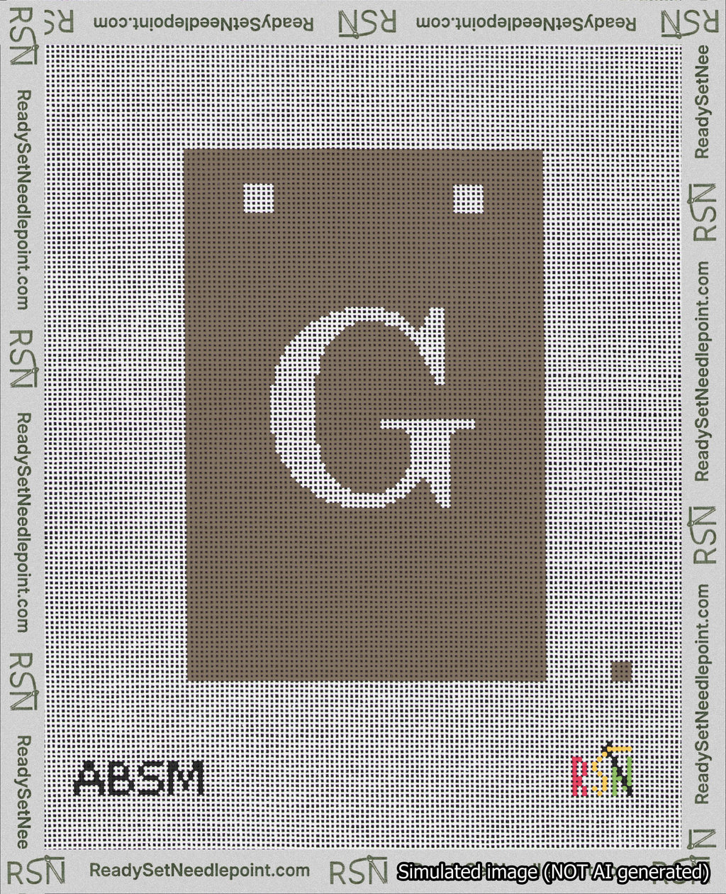 A taped needlepoint canvas with the design: Banner 18 mesh count Squared G White on Brown.