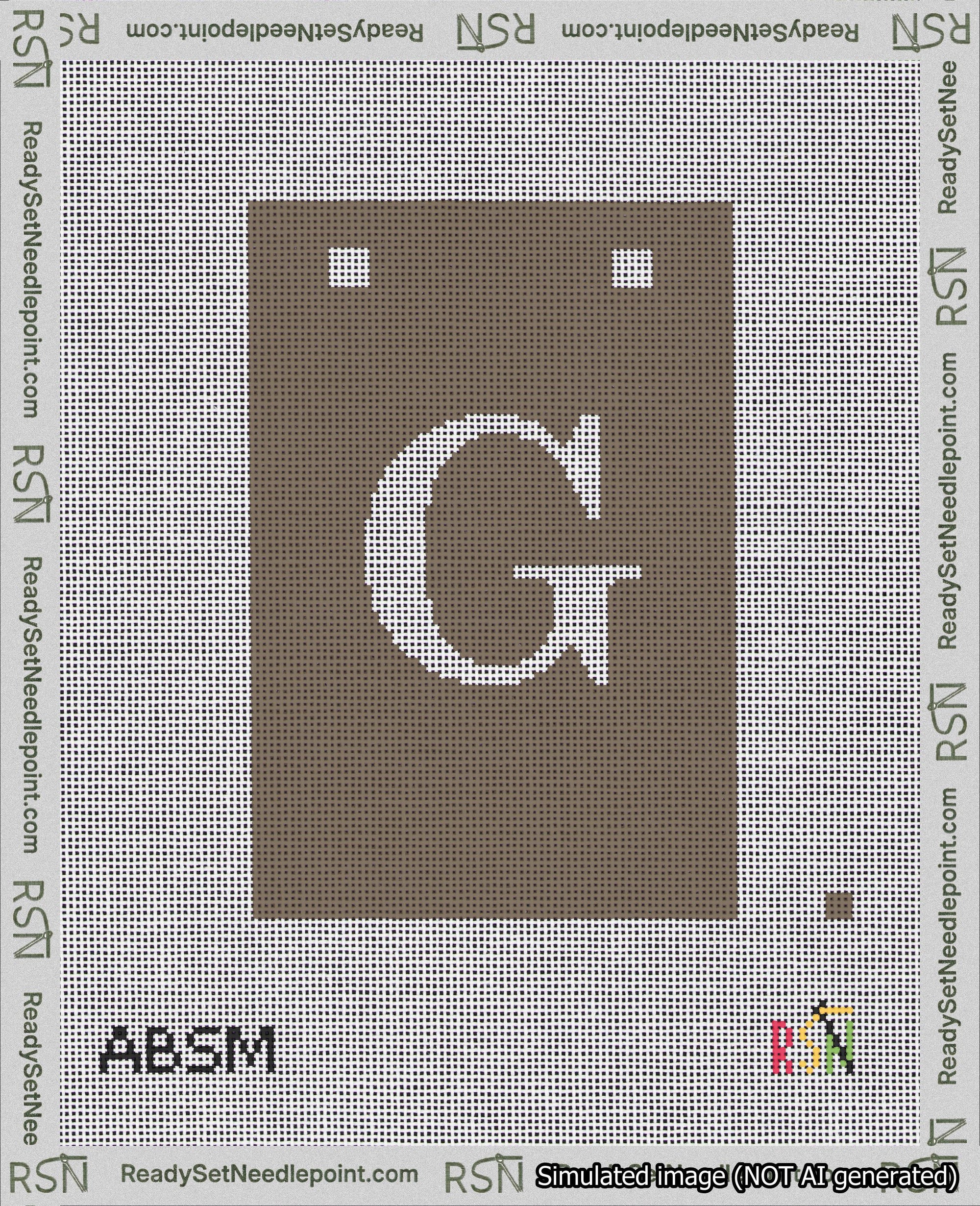 A taped needlepoint canvas with the design: Banner 18 mesh count Squared G White on Brown.