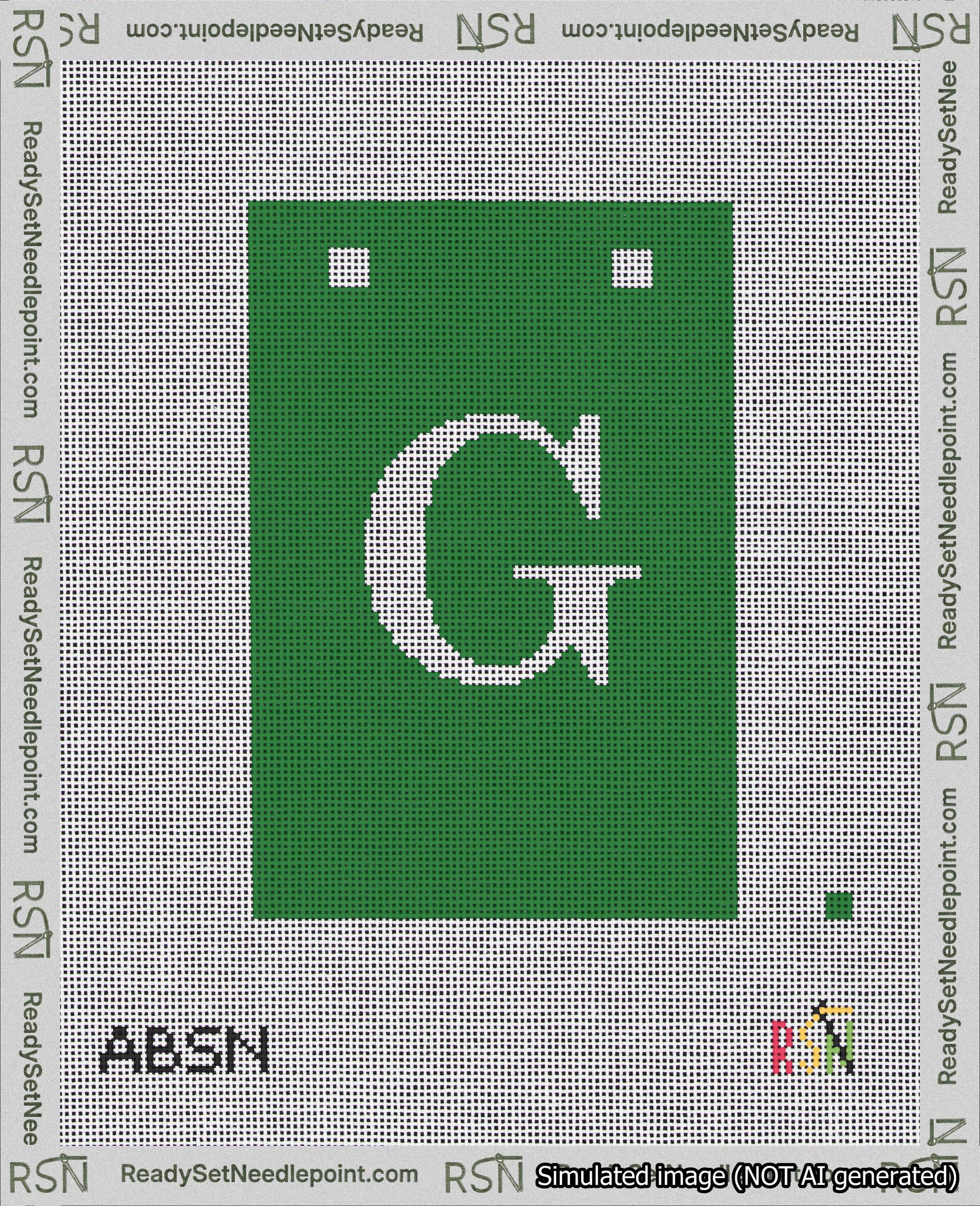 A taped needlepoint canvas with the design: Banner 18 mesh count Squared G White on Green.