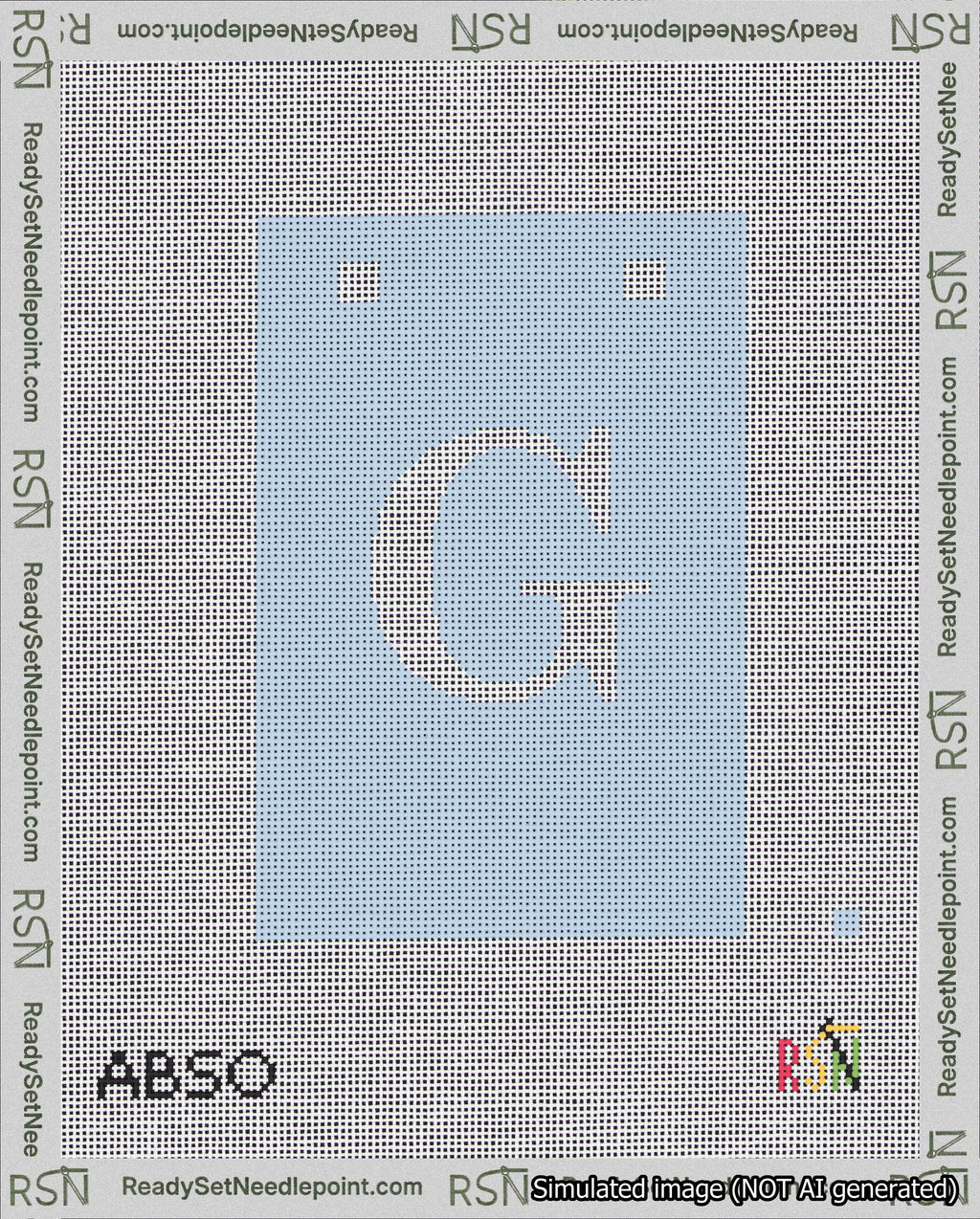 A taped needlepoint canvas with the design: Banner 18 mesh count Squared G White on Light Blue.