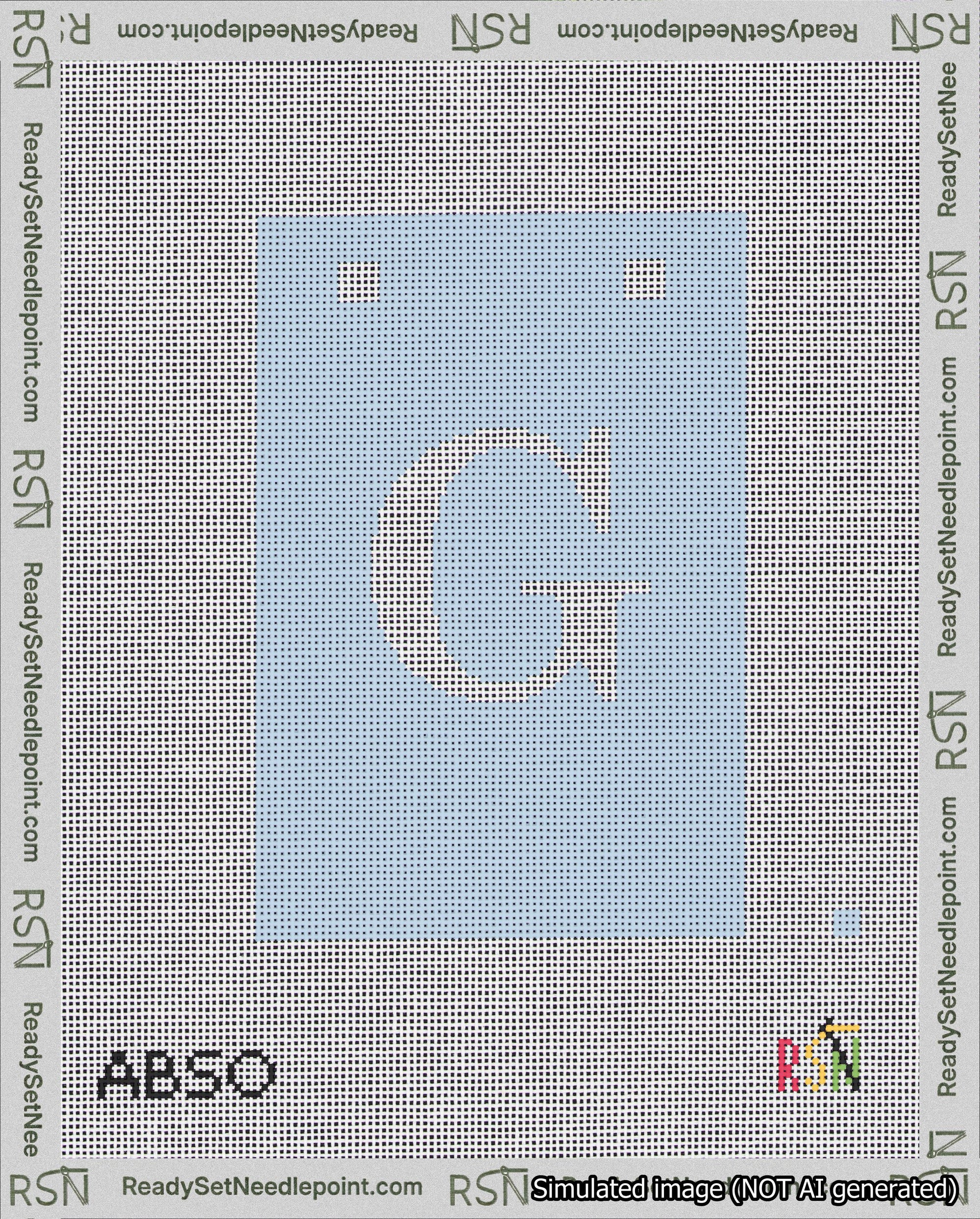 A taped needlepoint canvas with the design: Banner 18 mesh count Squared G White on Light Blue.