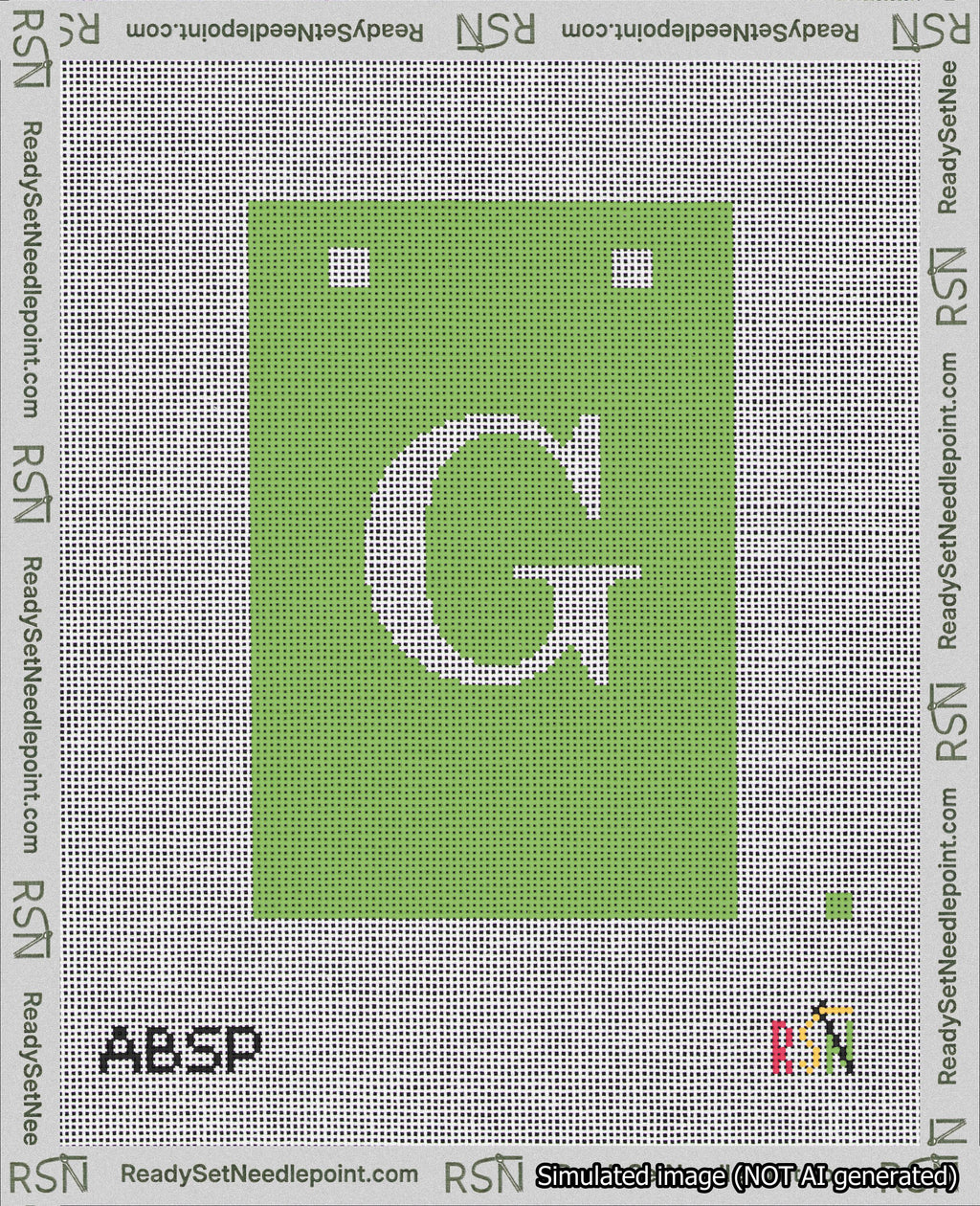 A taped needlepoint canvas with the design: Banner 18 mesh count Squared G White on Light Green.