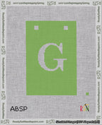 A taped needlepoint canvas with the design: Banner 18 mesh count Squared G White on Light Green.