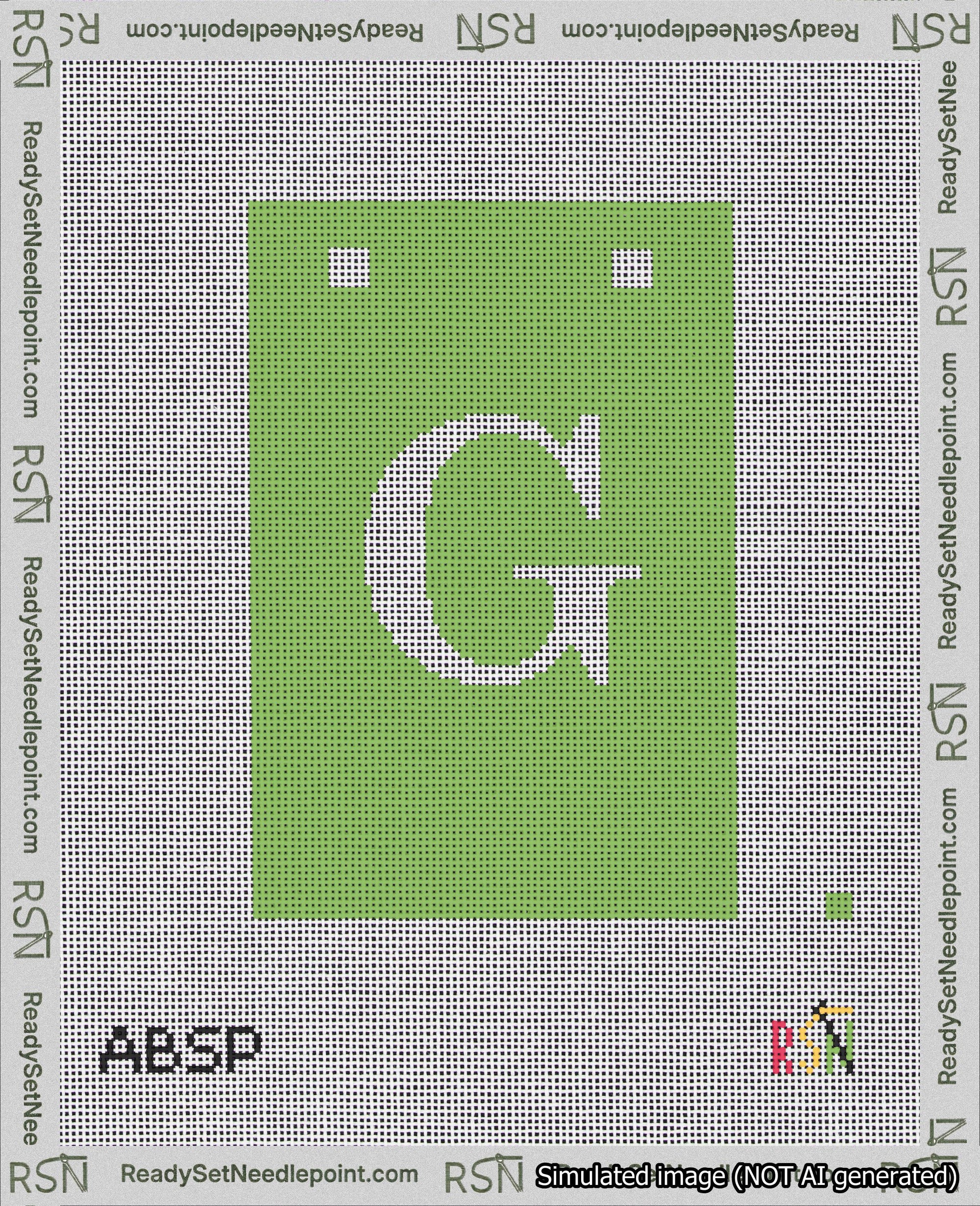 A taped needlepoint canvas with the design: Banner 18 mesh count Squared G White on Light Green.