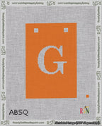 A taped needlepoint canvas with the design: Banner 18 mesh count Squared G White on Orange.
