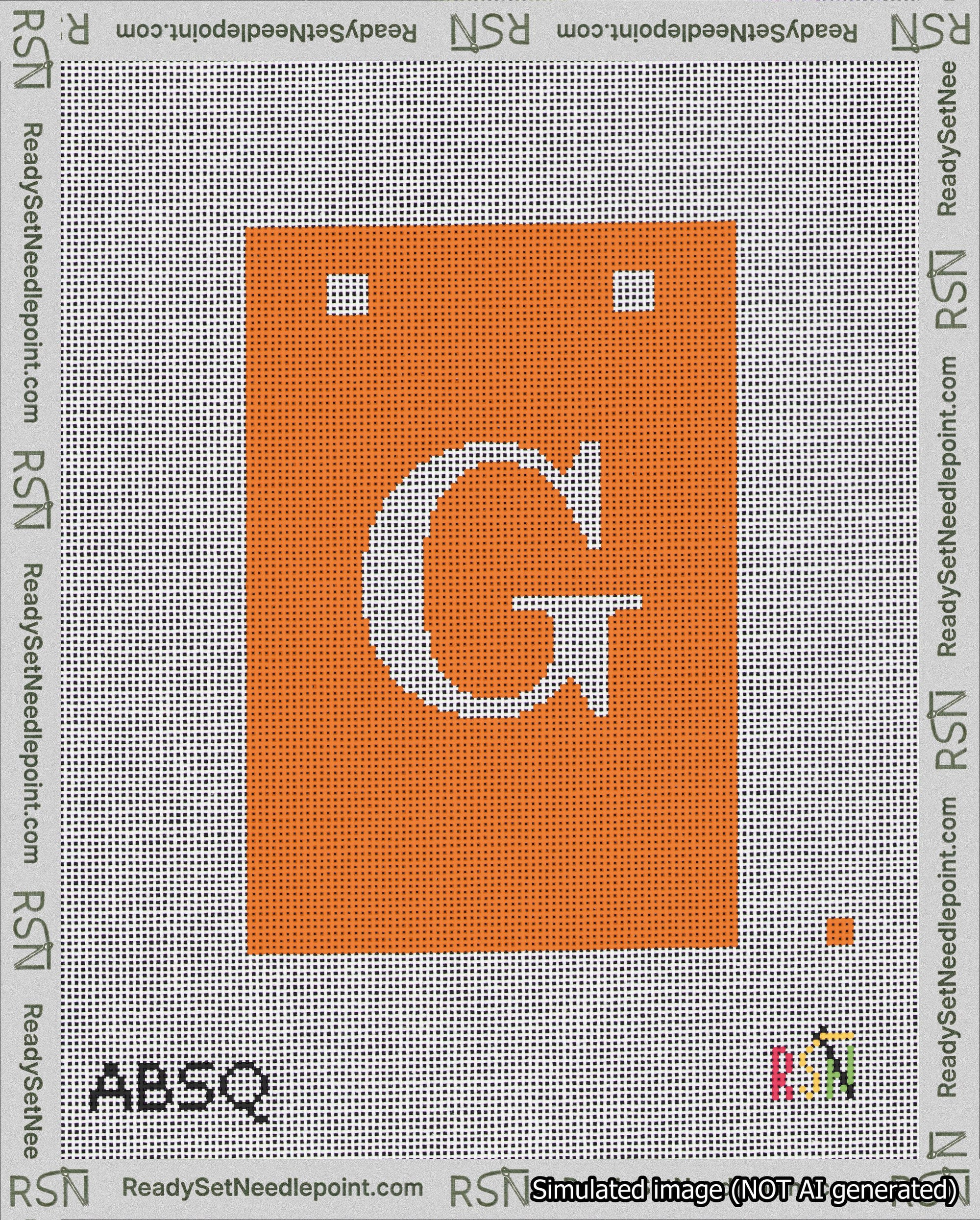 A taped needlepoint canvas with the design: Banner 18 mesh count Squared G White on Orange.
