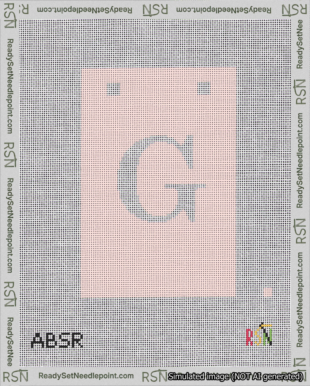 A taped needlepoint canvas with the design: Banner 18 mesh count Squared G White on Pink.