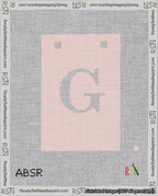A taped needlepoint canvas with the design: Banner 18 mesh count Squared G White on Pink.
