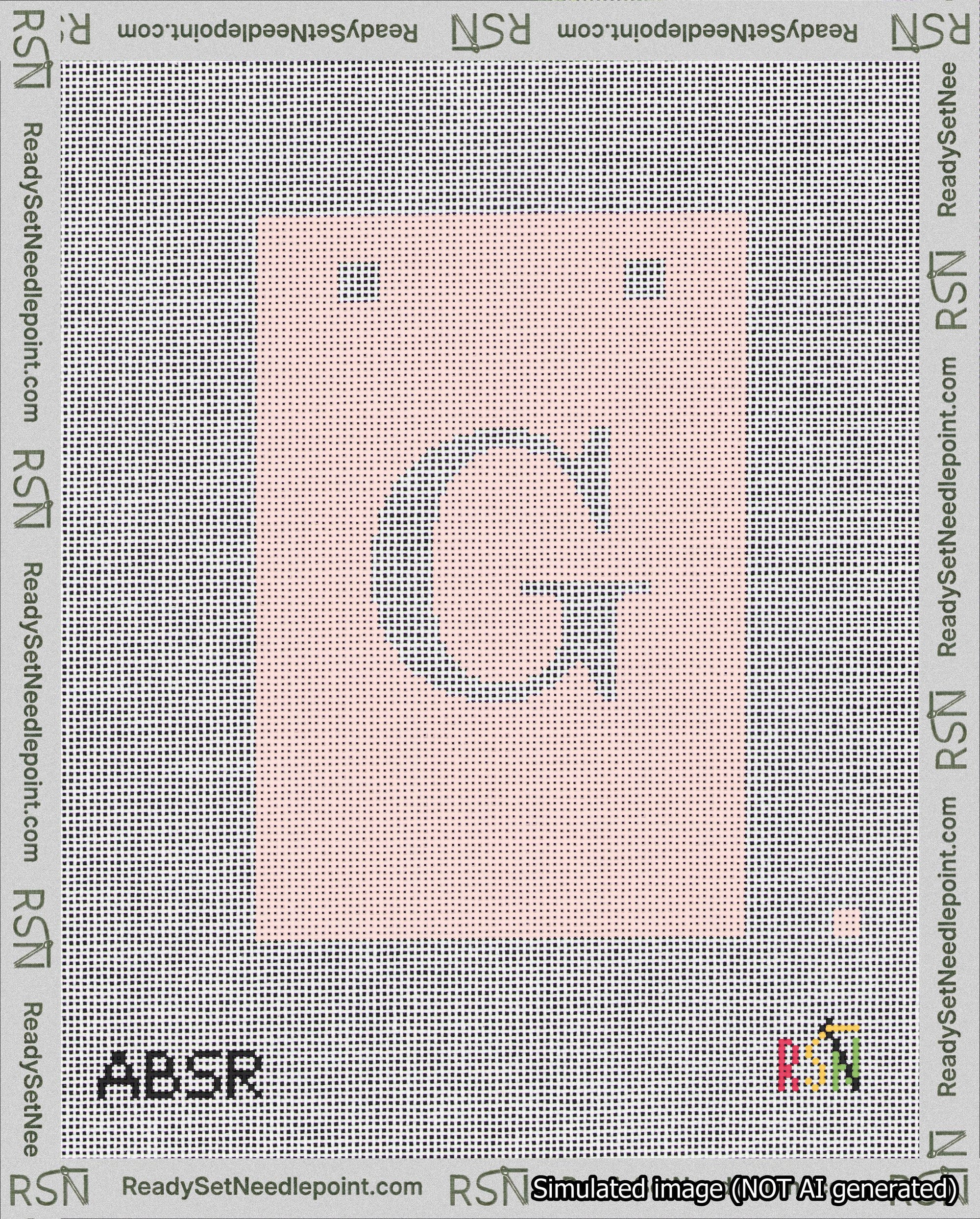A taped needlepoint canvas with the design: Banner 18 mesh count Squared G White on Pink.