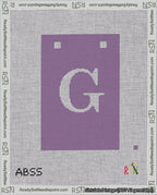 A taped needlepoint canvas with the design: Banner 18 mesh count Squared G White on Purple.