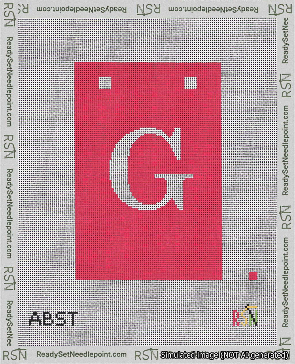 A taped needlepoint canvas with the design: Banner 18 mesh count Squared G White on Red.