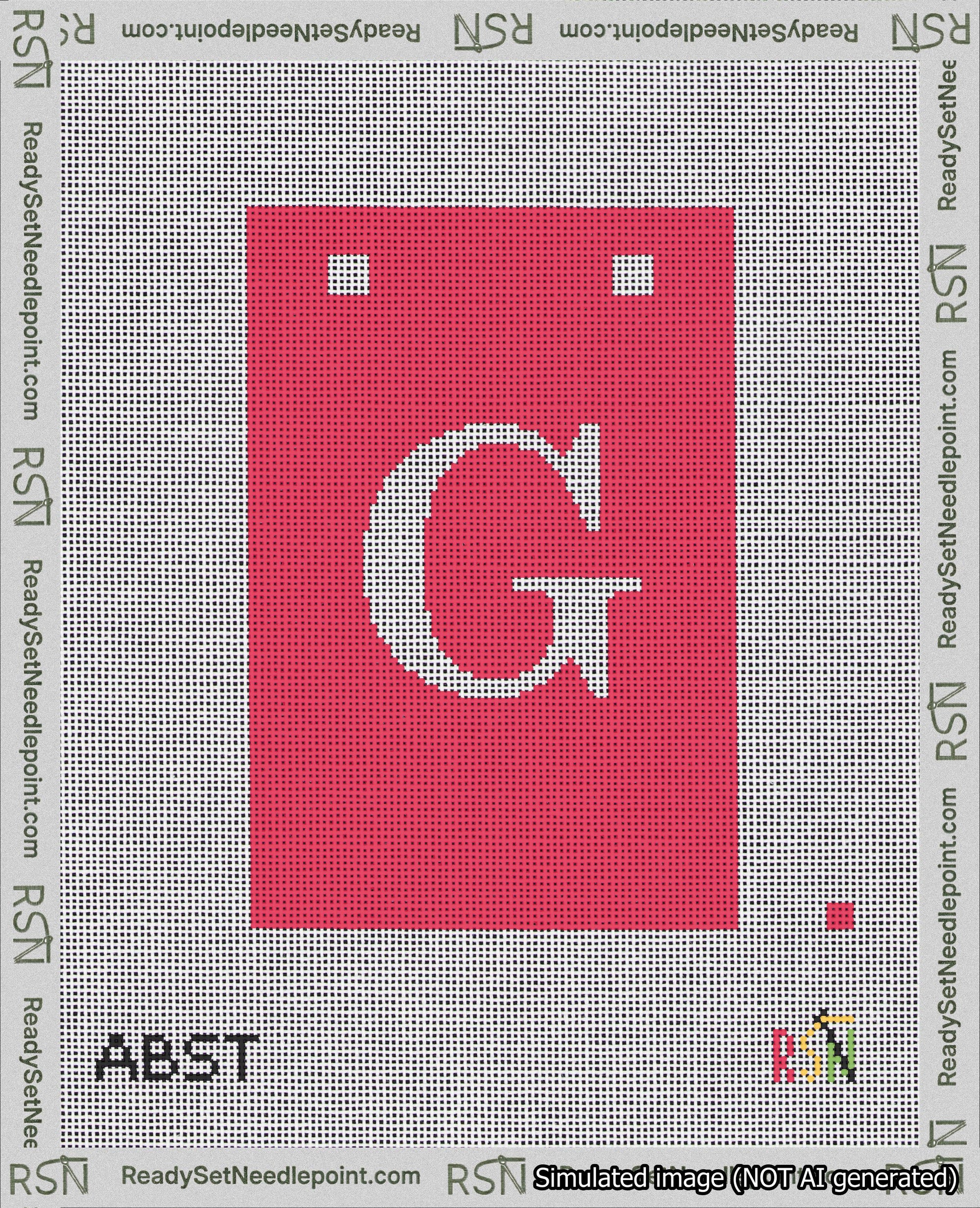 A taped needlepoint canvas with the design: Banner 18 mesh count Squared G White on Red.