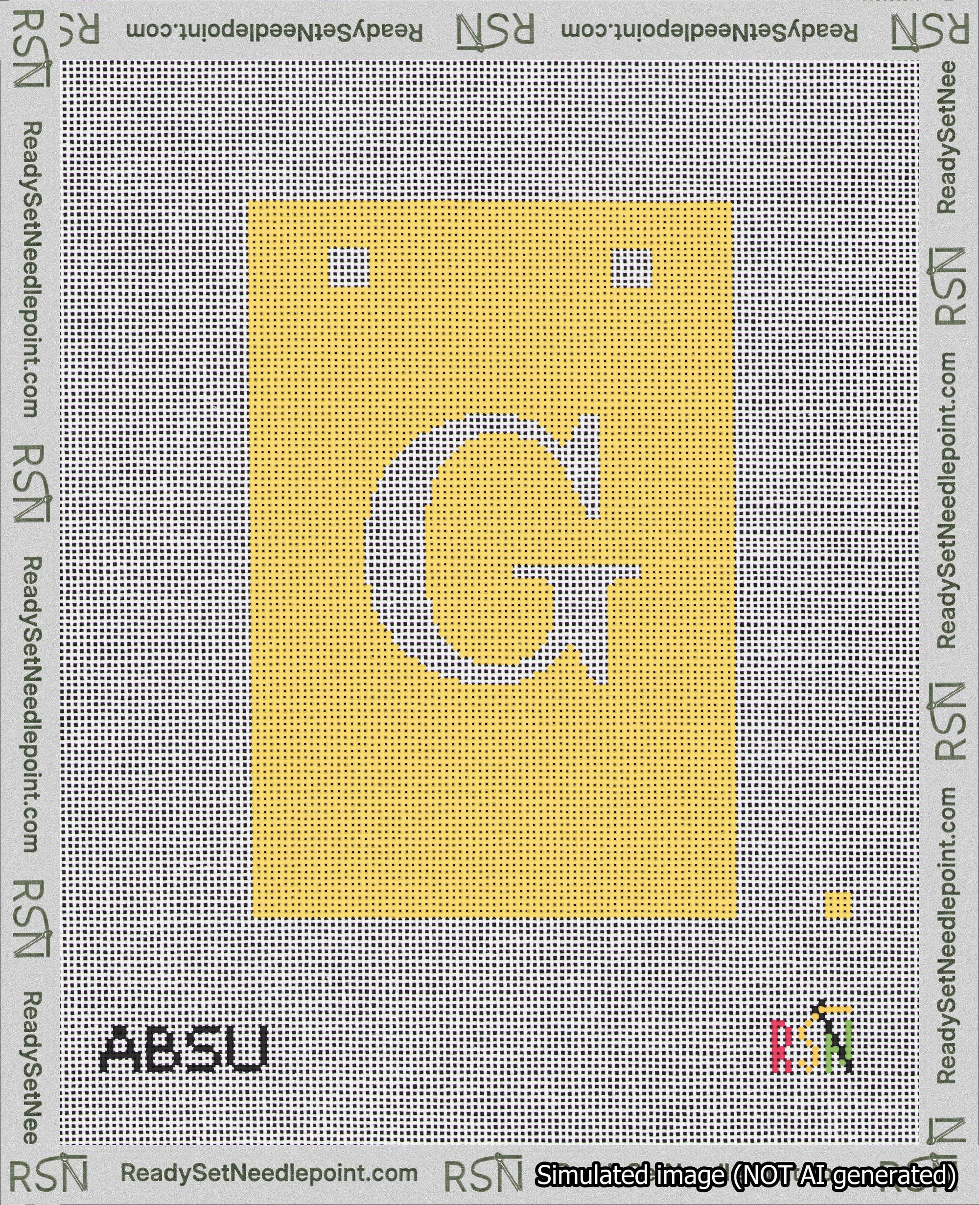 A taped needlepoint canvas with the design: Banner 18 mesh count Squared G White on Yellow.