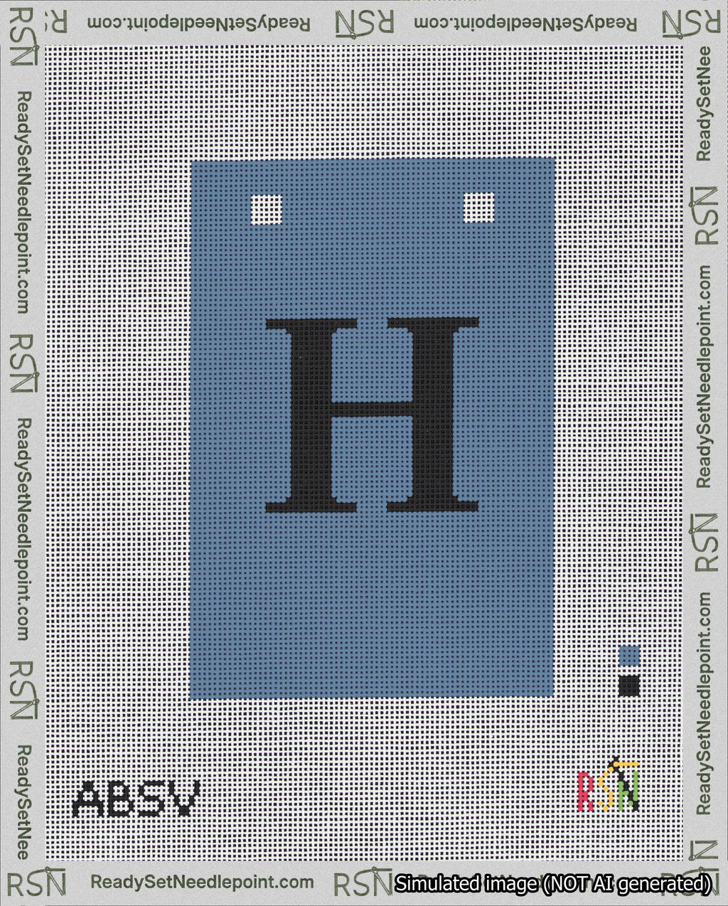 A taped needlepoint canvas with the design: Banner 18 mesh count Squared H Black on Blue.