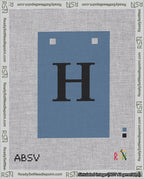 A taped needlepoint canvas with the design: Banner 18 mesh count Squared H Black on Blue.
