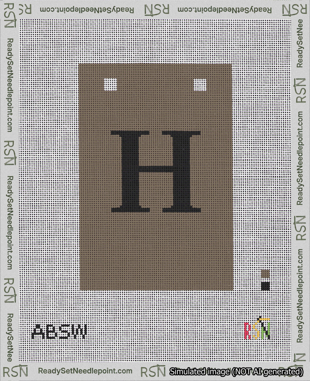 A taped needlepoint canvas with the design: Banner 18 mesh count Squared H Black on Brown.