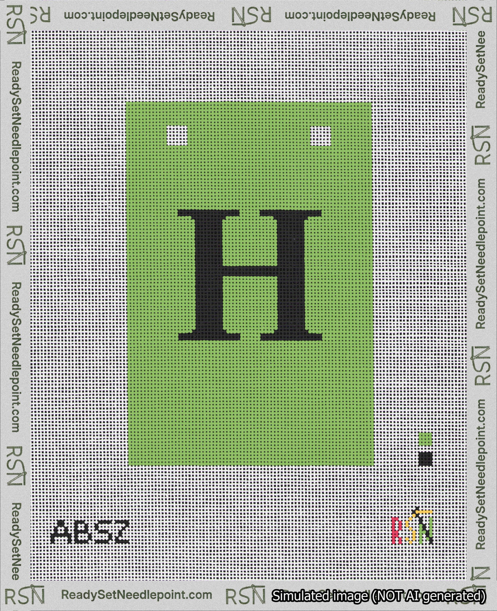 A taped needlepoint canvas with the design: Banner 18 mesh count Squared H Black on Light Green.