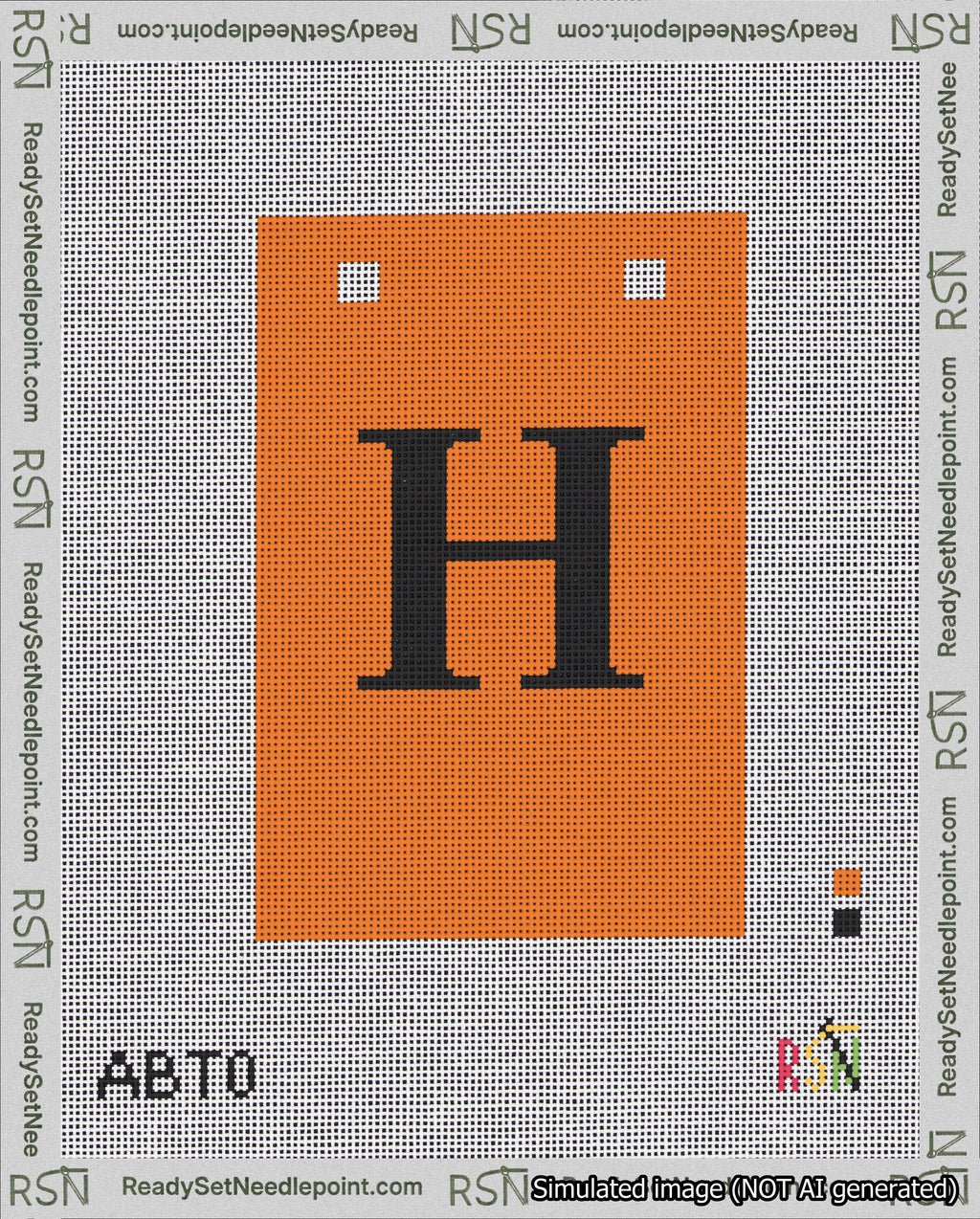 A taped needlepoint canvas with the design: Banner 18 mesh count Squared H Black on Orange.