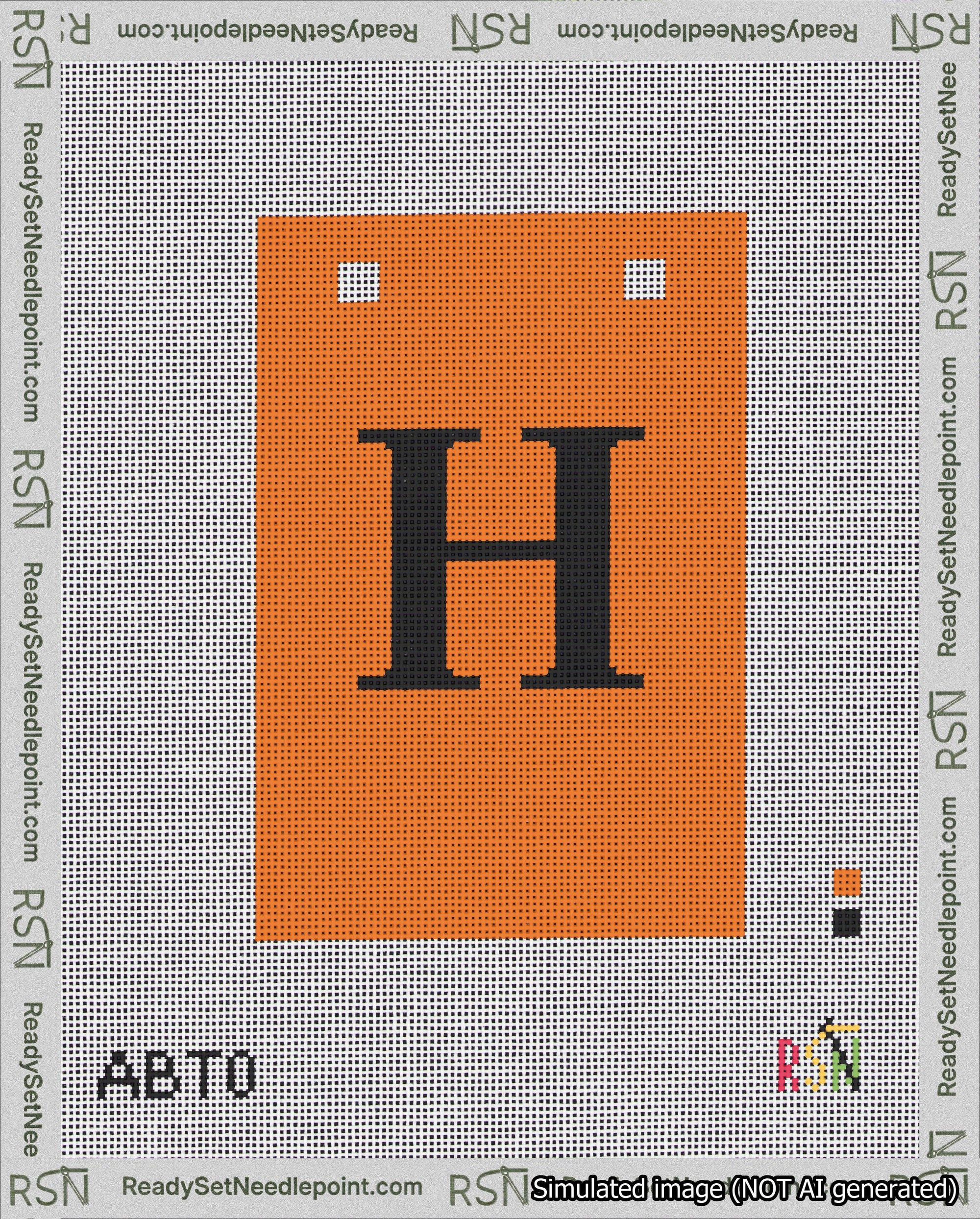 A taped needlepoint canvas with the design: Banner 18 mesh count Squared H Black on Orange.