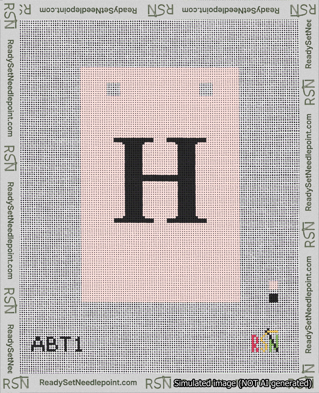 A taped needlepoint canvas with the design: Banner 18 mesh count Squared H Black on Pink.