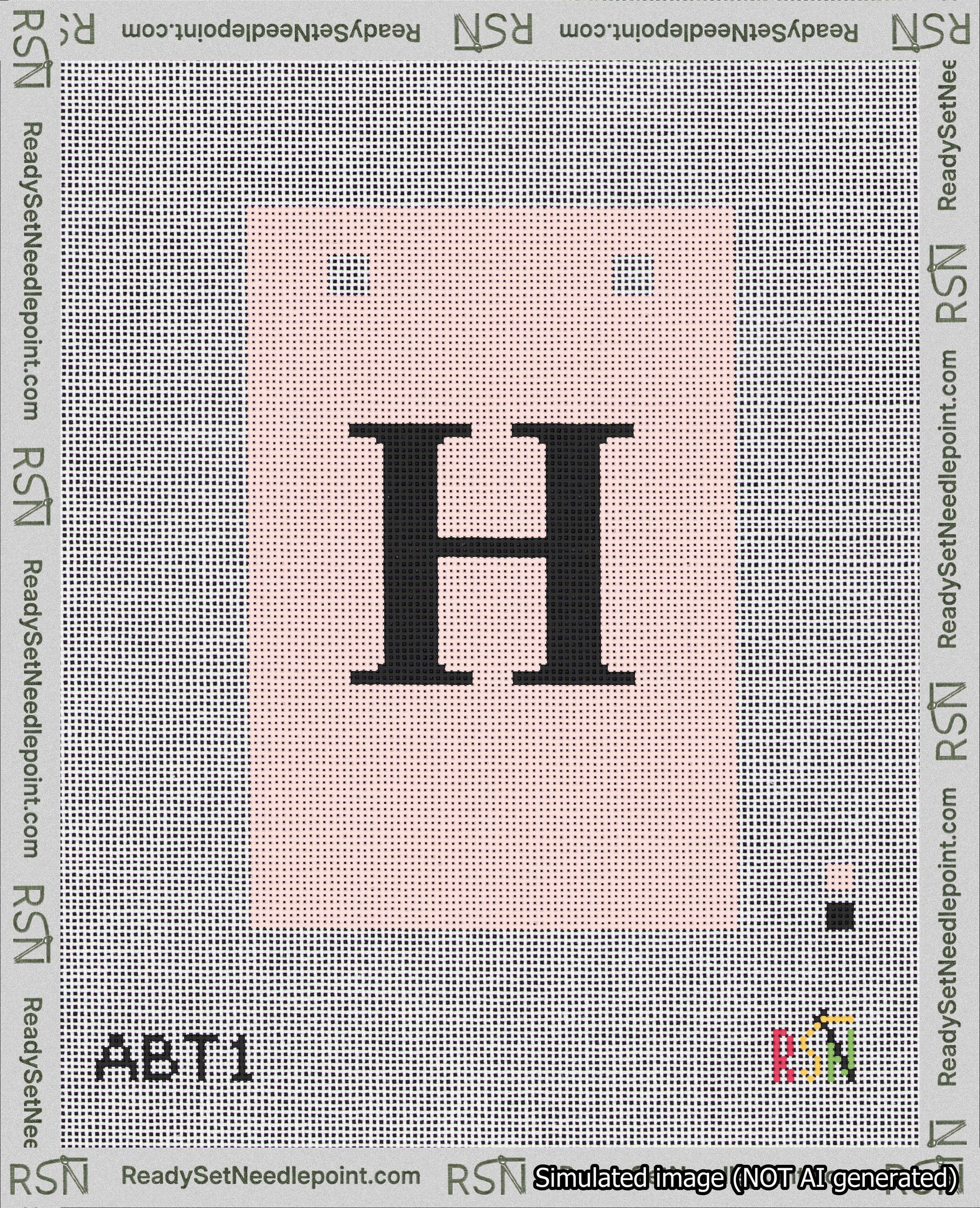 A taped needlepoint canvas with the design: Banner 18 mesh count Squared H Black on Pink.