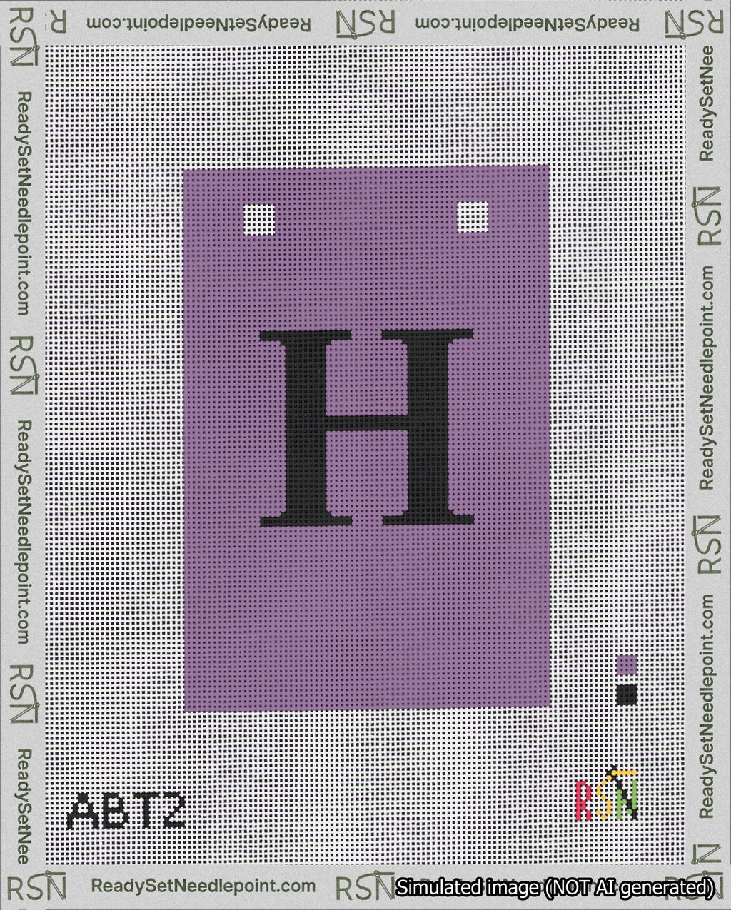 A taped needlepoint canvas with the design: Banner 18 mesh count Squared H Black on Purple.