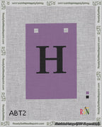 A taped needlepoint canvas with the design: Banner 18 mesh count Squared H Black on Purple.
