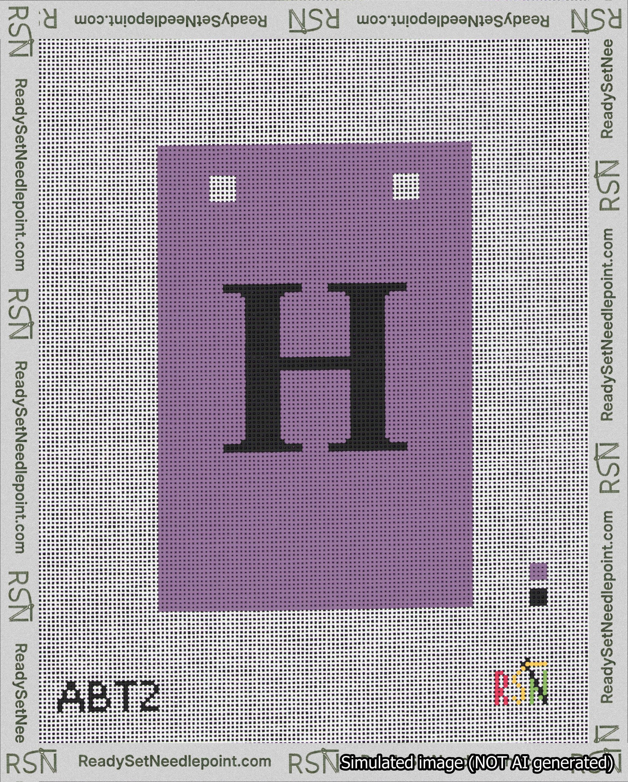 A taped needlepoint canvas with the design: Banner 18 mesh count Squared H Black on Purple.