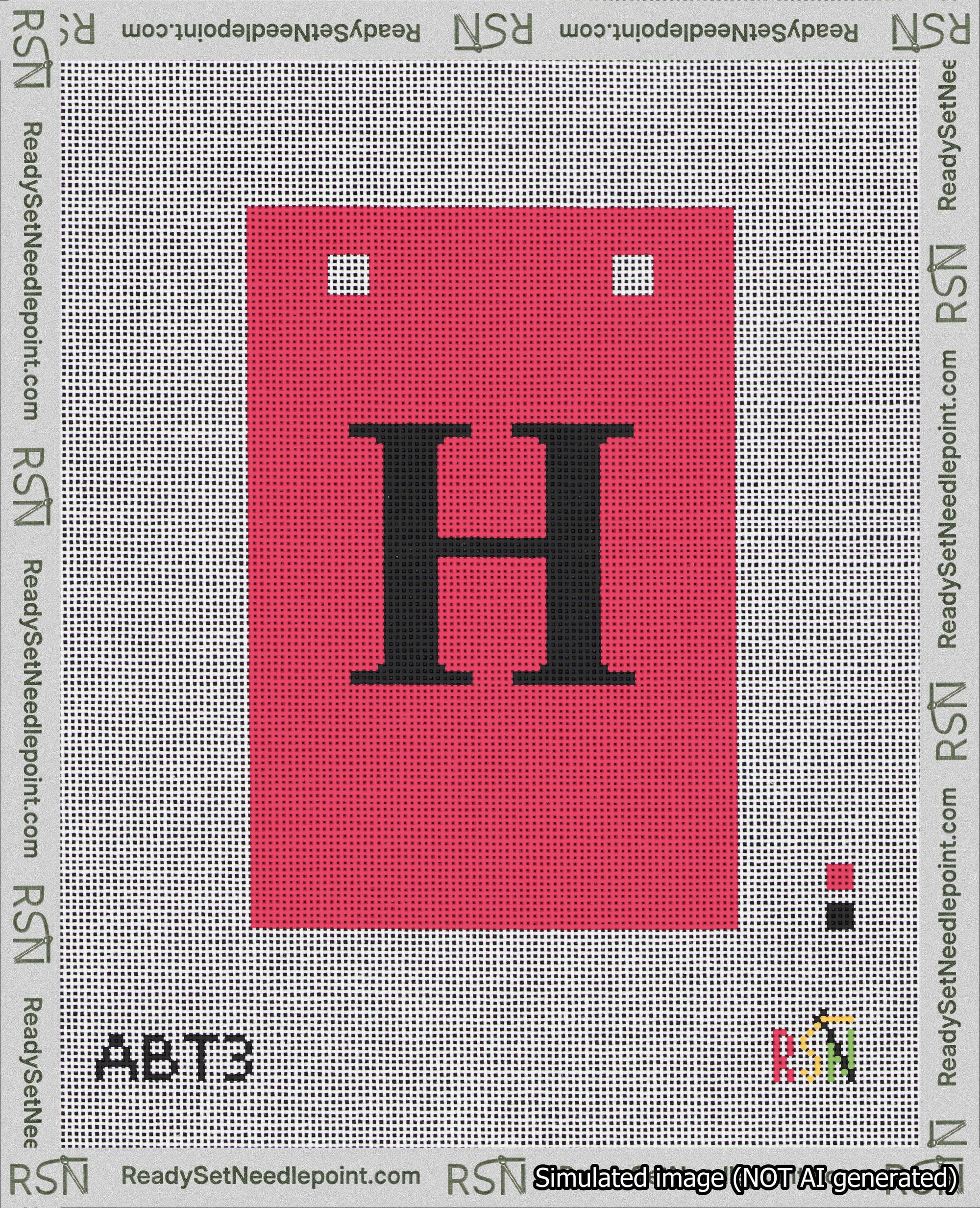 A taped needlepoint canvas with the design: Banner 18 mesh count Squared H Black on Red.