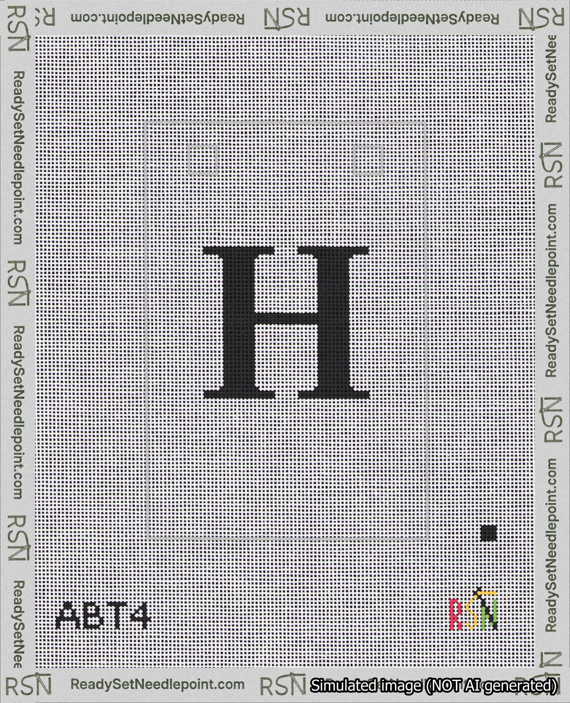 A taped needlepoint canvas with the design: Banner 18 mesh count Squared H Black on White.