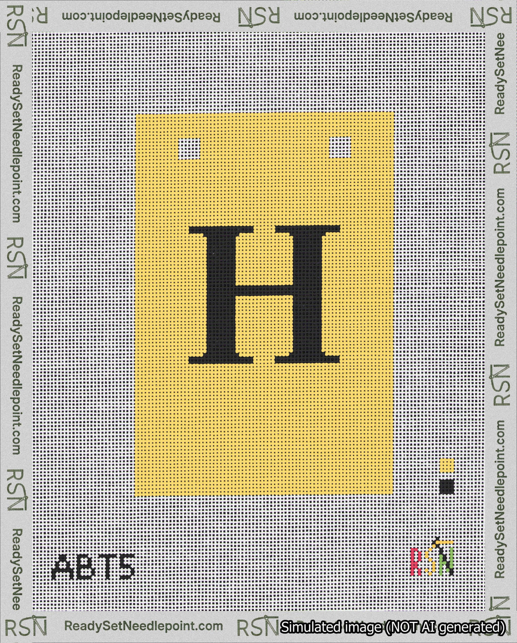 A taped needlepoint canvas with the design: Banner 18 mesh count Squared H Black on Yellow.
