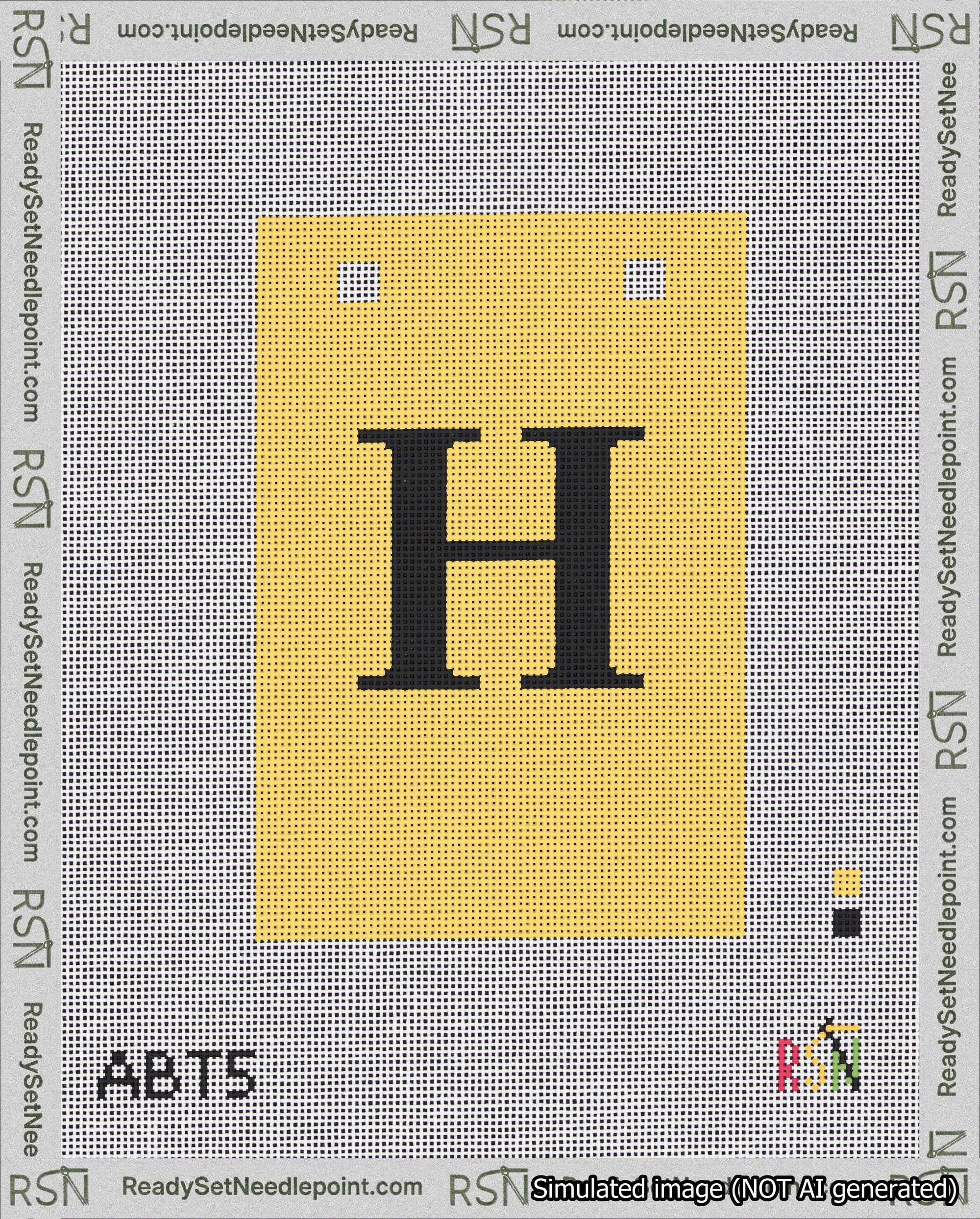 A taped needlepoint canvas with the design: Banner 18 mesh count Squared H Black on Yellow.