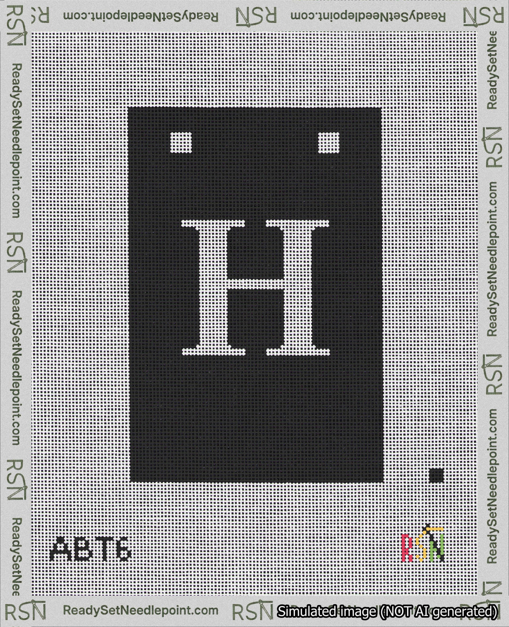 A taped needlepoint canvas with the design: Banner 18 mesh count Squared H White on Black.