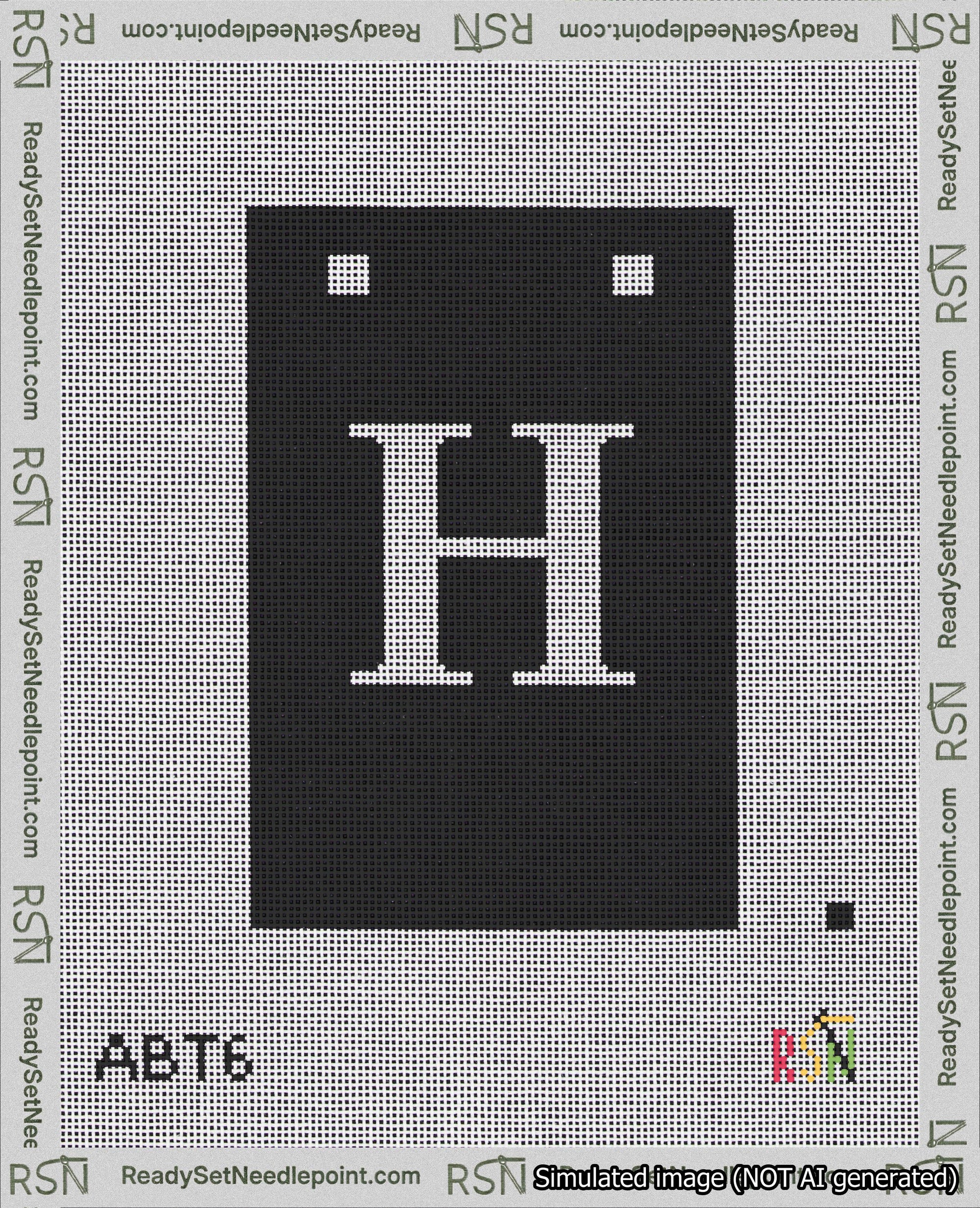A taped needlepoint canvas with the design: Banner 18 mesh count Squared H White on Black.