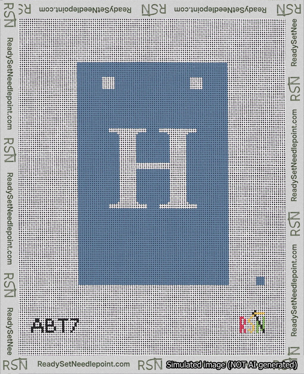 A taped needlepoint canvas with the design: Banner 18 mesh count Squared H White on Blue.