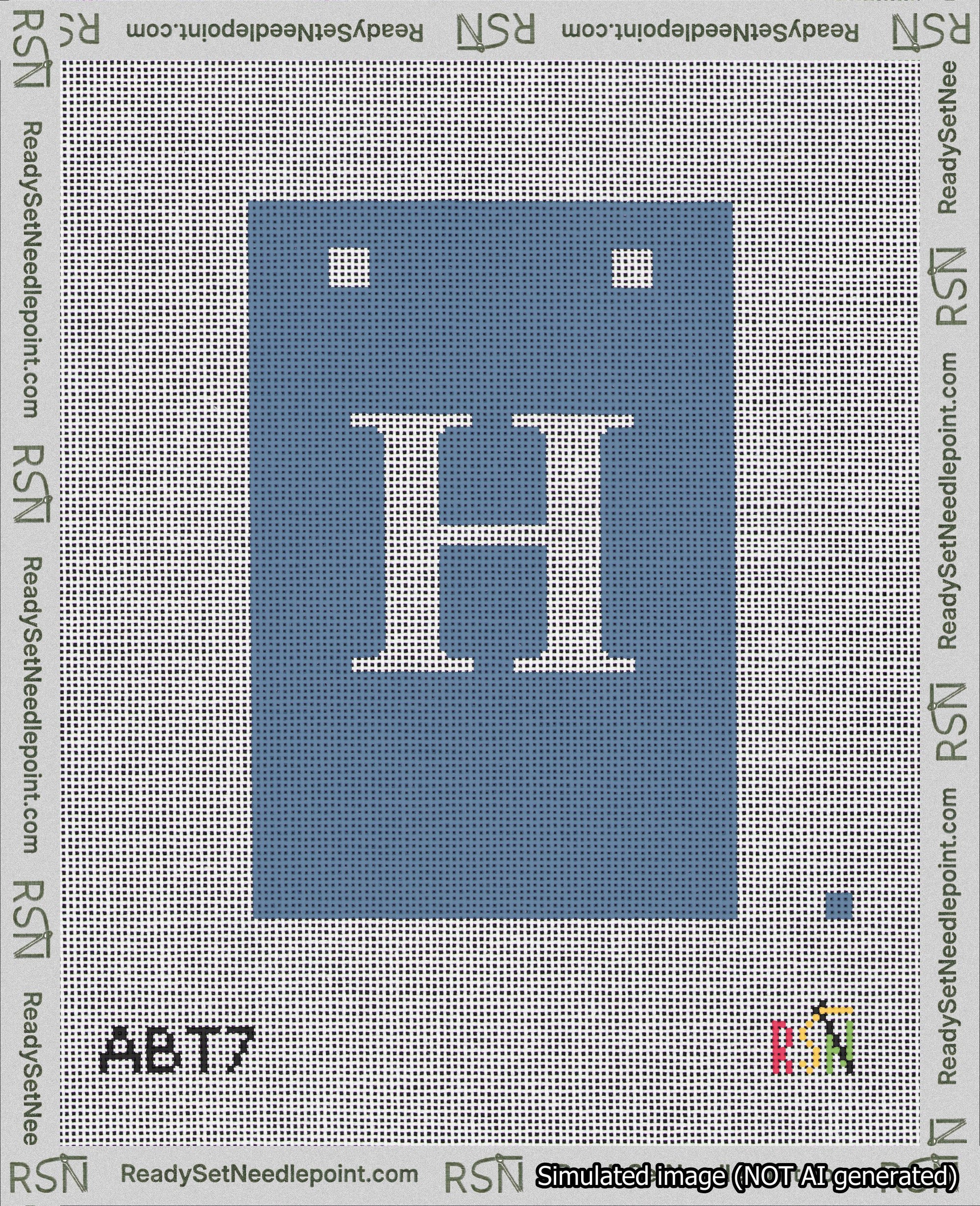 A taped needlepoint canvas with the design: Banner 18 mesh count Squared H White on Blue.
