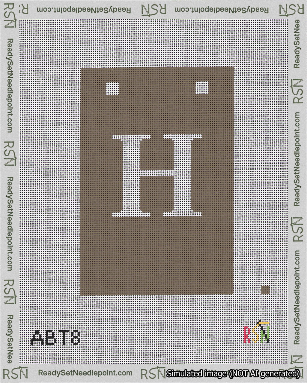 A taped needlepoint canvas with the design: Banner 18 mesh count Squared H White on Brown.