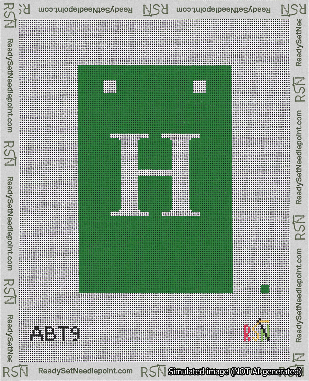 A taped needlepoint canvas with the design: Banner 18 mesh count Squared H White on Green.