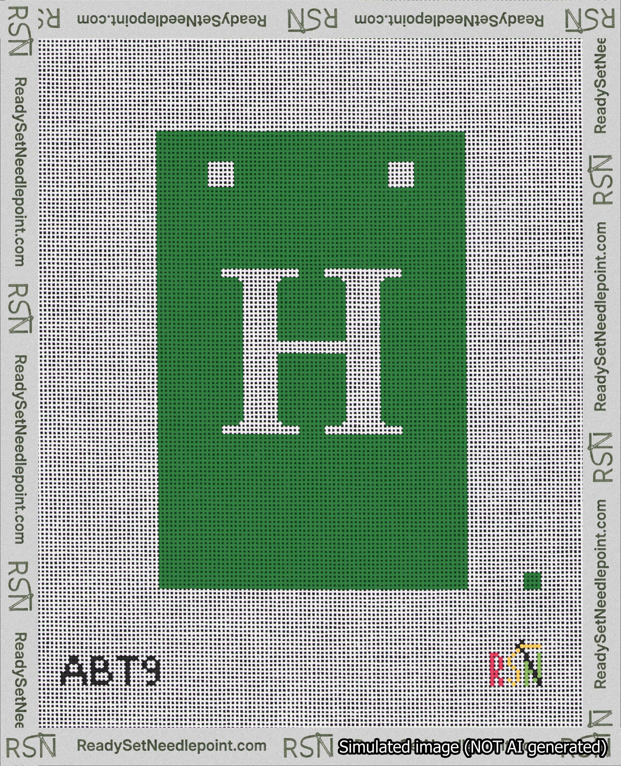 A taped needlepoint canvas with the design: Banner 18 mesh count Squared H White on Green.