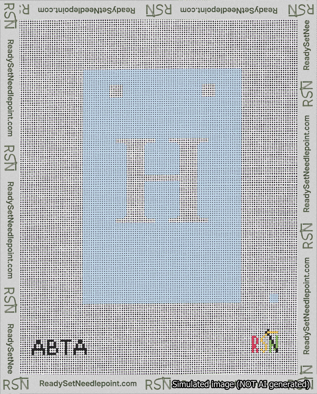 A taped needlepoint canvas with the design: Banner 18 mesh count Squared H White on Light Blue.