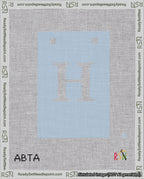 A taped needlepoint canvas with the design: Banner 18 mesh count Squared H White on Light Blue.